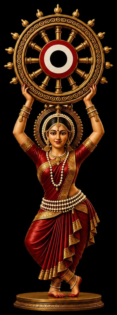 Odissi dancer holding the Konark chakra aloft — the OISFF festival emblem