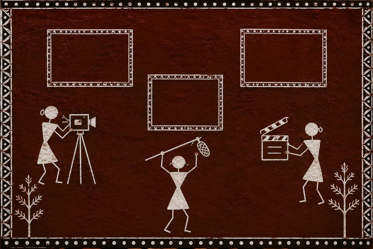 Saura mural of a film crew beside empty picture frames waiting to be filled