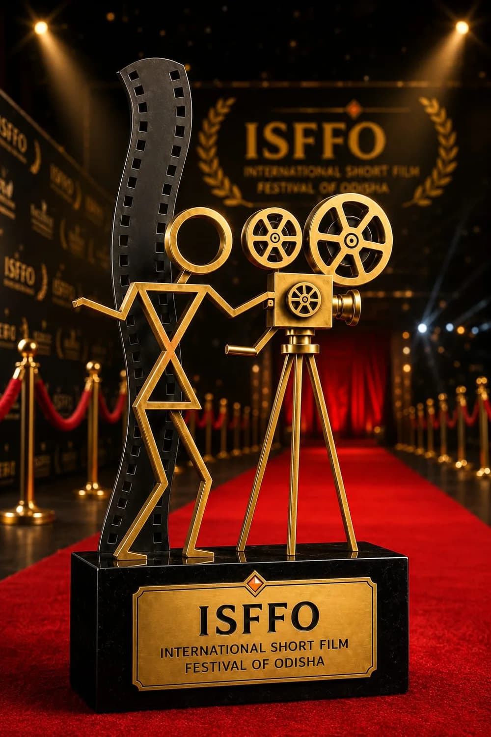 The ISFFO trophy: a gold Saura-style figure with a triangular torso standing beside a gold film camera on a tripod, against a curved black film-strip, on a black marble base engraved “ISFFO — International Short Film Festival of Odisha”.