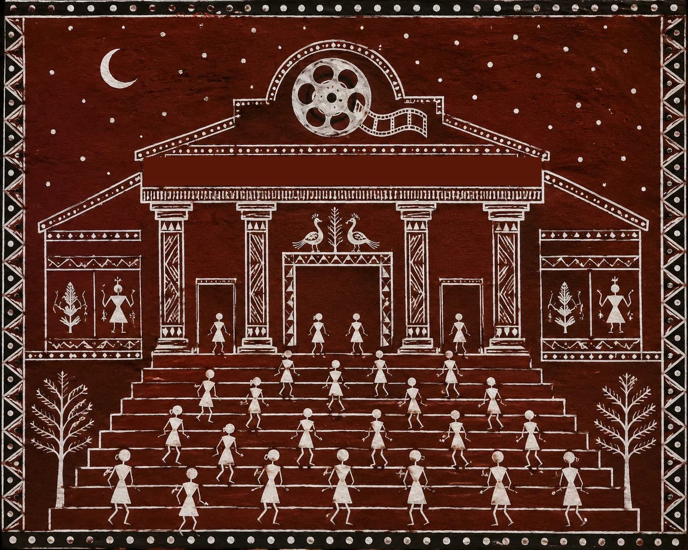 Saura mural of the festival auditorium, with the audience climbing its steps under a night sky