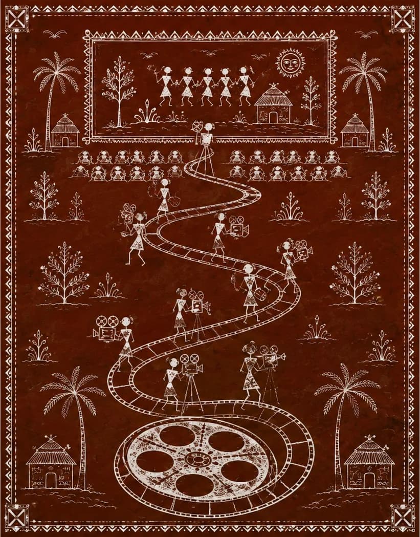 Saura mural of filmmakers walking a path made of film strip towards a village screening